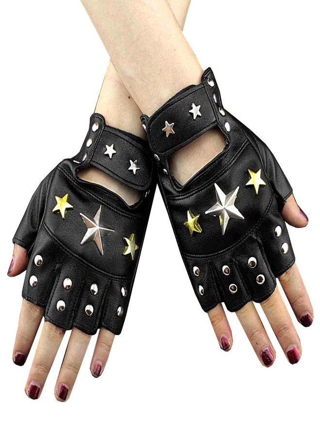 vogueteen Womens Fingerless Leather Gloves Star Studded Dancing Driving Rock Punk Cool Black One Size - Image 1
